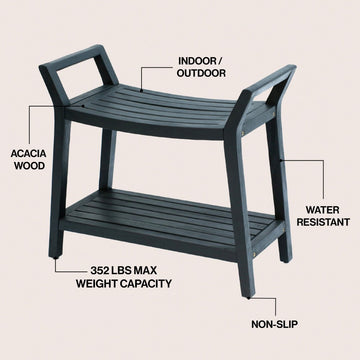 Orla 25.6" Modern Classic Slatted Solid Acacia Wood Indoor/Outdoor Shower Bench with Shelf and Handle